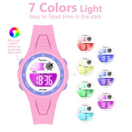 Facasu Kids Digital Watch for Boys Girls, Colorful Light 50M Waterproof Outdoor Sports Watch for Toddler Children with Stopwatch Alarm 12/24 H Functions - Kids Gifts for Boys Girls Ages 4-15(Pink)