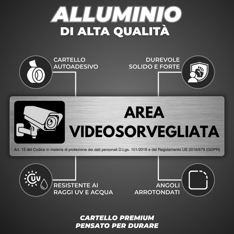 LEIASA | Targa Videosorveglianza - 5x18 cm - Alluminio -