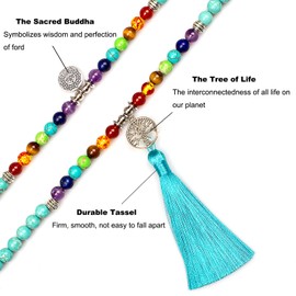 Addmluck 108 Mala Beads Meditation Turquoise Necklace 7 Chakra Tree of Life Pendant Necklace Prayer Buddha Beaded Bracelets Healing Stone Yoga Necklace for Men and Women Jewelry(tassel turquoise)