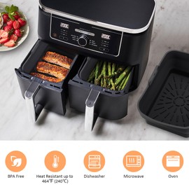 2Pcs Air Fryer Silicone Liners for Ninja SL401 /DZ201/ DZ401/ DZ550 8-10 QT, Reusable Liners for COSORI, Chefman, Instant Air Fryer, Silicone Air Fryer Basket Liners with Magnetic Cheat Sheet, Black