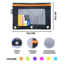 BAZIC Pencil Pouch 3 Ring Binder Pouch w/Rivet Enforced Rings Holes, Neon Black Color Mesh Window Zipper Pouches, 6-Pack