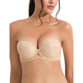 Vgplay Strapless Bra Push Up Thick Padded Add 2 Cups Underwire Convertible Multiway Bras for Women Nude 38A