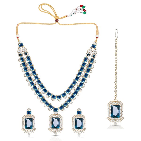IIJ Teal Blue and White Necklace with Stud Earrings |