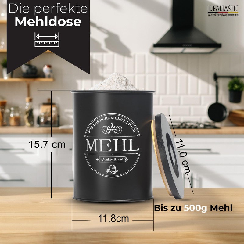 IDEALTASTIC® Premium Flour Storage Black, Airtight Flour Box 500 g