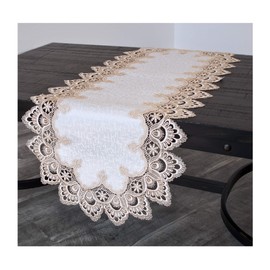 Gold European Lace and Antique Jacquard Fabric Table Runner, Dresser Scarf (16Wx54L)