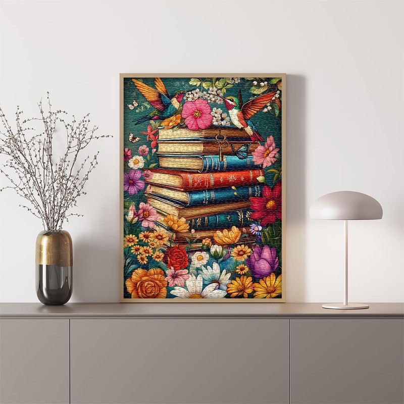 PICKFORU Wildflower Pages Jigsaw Puzzle for Adults, Hummingbird Vintage Book