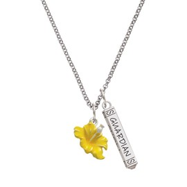 Delight Jewelry Silvertone Yellow Hibiscus Flower Silvertone Guardian Angel Bar Charm Necklace, 23"
