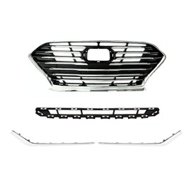 Front Upper Lower Grille & Chrome Trim Compatible with 2018 2019 Hy-undai Sonata Sedan Hybrid(Korean Build)