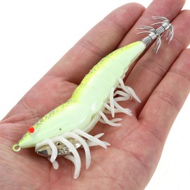 Lixada 5pcs 12cm/21g Noctilucent Fishing Shrimp Lure Prawn Squid Bait Hard Artificial Fishing Set with Squid Jigs Hook Lead Weighted