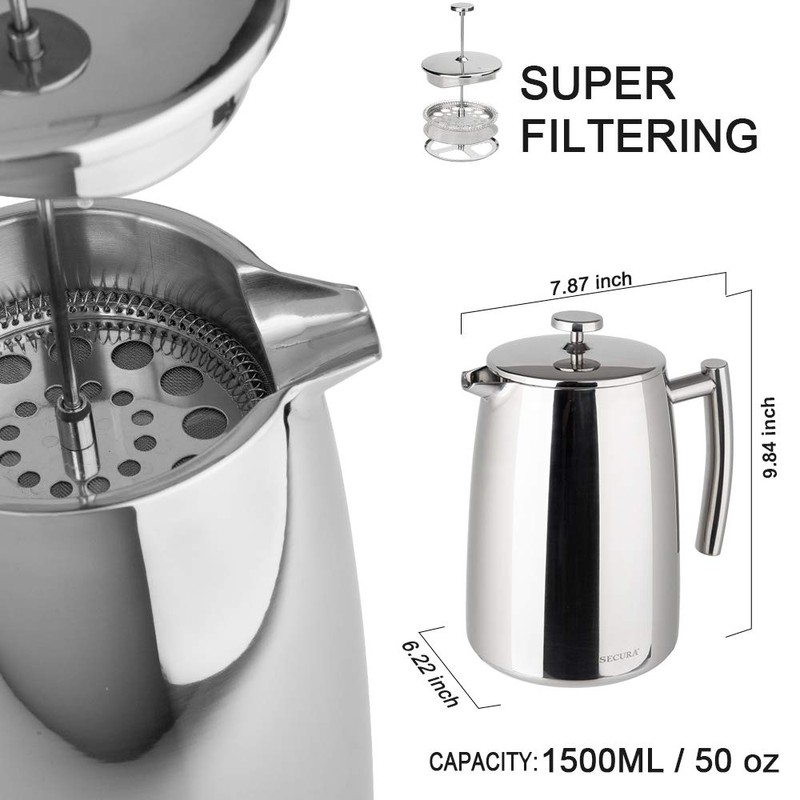Secura French Press Coffee Maker, 50-Ounce, 304 Stainless Steel Insulated