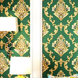 Q QIHANG European Style 3D Damask PVC Wallpaper Living Room Bedroom TV Background Wall 20.87" Wx393.7 L Non-Pasted (Dark Green)