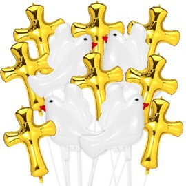 Hungdao 12 Pcs 34 Inch First Communion Decorations Baptism Cross Balloons White Doves Balloons for Holy Communion God Bless Christening Memorial Theme Birthday Easter Party Decorations(Gold)