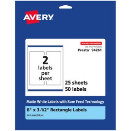 Avery Matte White Rectangle Labels with Sure Feed, 8" x 3.5", 50 Matte White Printable Labels