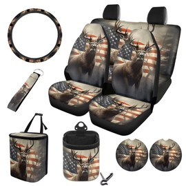 Wetoricau Deer American Flag Print 10 Pieces Car Accessories Sets Wear-Resistan Front Rear Bench Bucket Seat Cover Steering Wheel Cover Car Garbage Can Air Vent Pouch Coaster Keychain Vehicle Interior