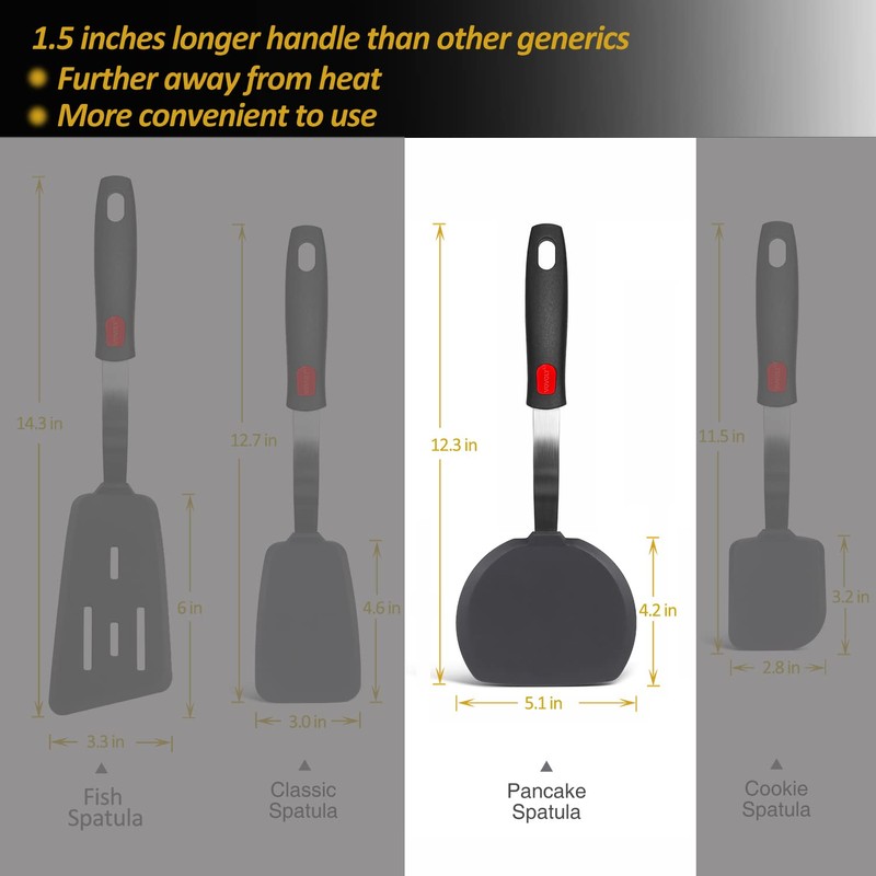 Silicone Pancake Spatula Turner with Lengthened Handle, Heat Resistant Cooking
