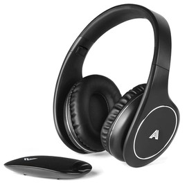 Auriculares inalámbricos para ver TV, auriculares plegables sobre la oreja con transmisor RF de 2.4 GHz, soporte óptico RCA AUX, sin retardo de audio, alcance inalámbrico de 100 pies (negra)