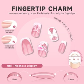 HOSAILY Cute Bow Press on Nails Short Square, White French Tip Fake Nails with Cute Bow Pearl Cartoon Rabbit Charms Design Glue on Nails, Glossy Gel False Nails Full Cover Stick on Nail Gift for Women