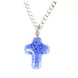 Style-ARThouse God Loves the Cornflowers Murano Glass Millefiori Blue Cross Necklace, 18 Inch Adjustable
