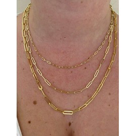 HarlemBling Solid 925 Sterling Silver - 14k Gold Plated - Elongated Rolo Paperclip Necklace - 2.5mm 3mm 4mm - 16-24" - Very In Fashion Ladies Chain - MADE IN ITALY (18, 3mm)