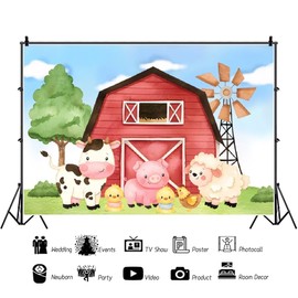 Xiaoterna 7x5ft Farm Animals Backdrop Cute Pig Sheep Cow Red House Photography Background Cartoon Red Farmhouse Tree Animals Photo Backdrop Birthday Party Decorations Photo Booth Props