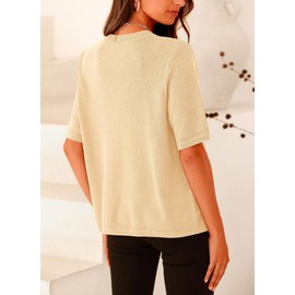 PRETTYGARDEN Women's Summer Button Down Shirts Casual Short Sleeve V Neck Ribbed Knit Blouse Top Cardigans, Beige, L