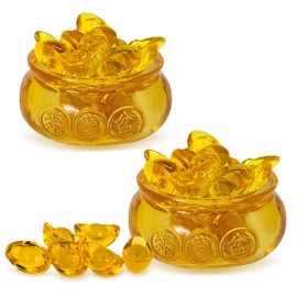 2PCS Feng Shui Golden Treasure Basin and About 36 PCS Ingot Yuan Bao, 3In Crystal Glass Treasure Basin Good Luck Wealth Prosperity Figurine for Feng Shui Decor, Home Office Decor Chinese Gifts (Gold)
