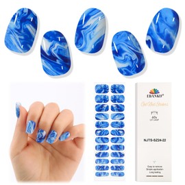 EBANKU Semi Cured Gel Nail Strips, 24PCS Blue Marble UV Gel Nail Stickers Summer for Home Salon DIY, Including File, Stick- UV Light Required