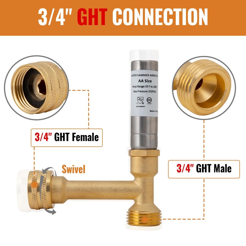 SUNGATOR 3/4" GHT Water Hammer Arrestor, 3/4 Inch Swivel Female