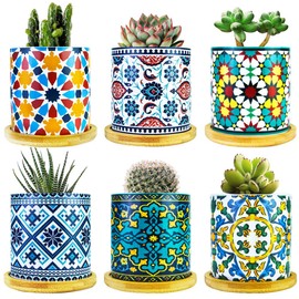 Ascrafter 6 Pack Mandala Succulent Plant Pot with Bamboo Trays, Ceramic Multicolored Succulent Container Planter Pot for Small Plant