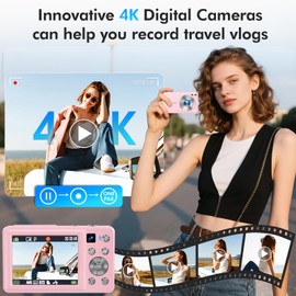 4K Digital Camera, 64MP Autofocus Vlogging Camera with Dual Lens, 16X Digital Zoom YouTube Compact Travel Point Shoot Camera for Teens Beginner, Anti-Shake,2 Batteries, 32GB Card (Pink)
