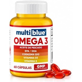 MultiBlue - Omega 3 Salmon Oil 60 Capsulas  Con Aceite de Pescado, EPA, DHA, CoQ10, Vitamina D3 y E  Sin Gluten, 100 Naturales, Libres de OMG