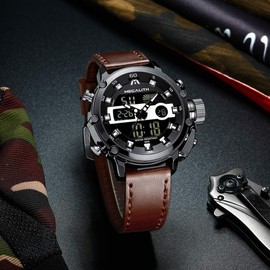 MEGALITH Digital Mens Watches Military: Sports Watches for Men Waterproof - Tactical Heavy Duty Wrist Watch Stopwatch Alarm Brown Leather Strap