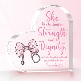 Nurse Gifts for Women Christian Bible Nurse Appreciation Gift Nurse Practitioner Gifts for Women Nurse Retirement Gifts, Acrylic Heart Sign-She is Clothed in Strength and Dignity Proverbs 31: 25