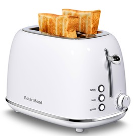 Roter Mond 2 Slice Toaster Retro Stainless Steel with Bagel, Cancel, and Defrost Functions, 6 Bread Shade Settings, Extra Wide Slots and Removable Crumb Tray, White