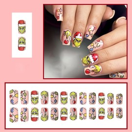 Christmas Press on Nails Medium Square Christmas Fake Nails Cute Green Monster False Nails Glossy Nude Acrylic Full Cover Nails Tips Winter Xmas Stick on Nails Christmas Gift for Women and Girls 24Pcs