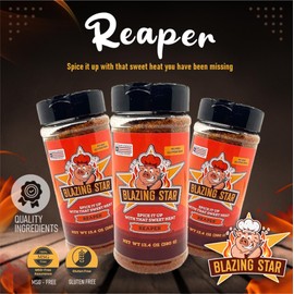 Blazing Star Reaper Rub – Balanced Sweet Heat Seasoning with Carolina Reaper Peppers – Perfect BBQ Rub for Ribs, Wings, Chicken, Pork, and Even Fruit – Veteran Owned (13.4 oz)