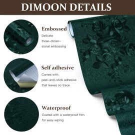 Dimoon 17.7''x236'' Green Peel and Stick Wallpaper Gothic Floral Wall Paper Contact Paper Closeout Renter Friendly Modern Self Adhesive Damask Cabinet Vinyl Roll(236''x17.7'', Green Floral Textured)
