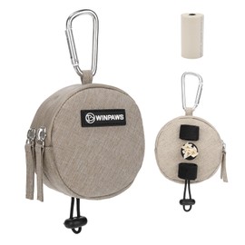 Dog Poop Bag Holder for Leashes- Dog Treat Pouch with Waterproof Zipper,Puppy Training Small Bag with Carabiner & Bungee Toggle,Two Pockets for Dry or Wet Treats-Pet Travel Walking Essentials (Khaki)