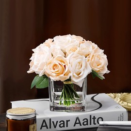 rubystory 18 Heads Rose Faux Flowers in Vase, Aritificail Rose Floral Arrangement with Vase for Dining Table, Bedroom, Wedding Decor (Champagne)