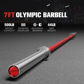 RitFit Elite 7ft Olympic Barbell, Robust 45lb Barbell for Weightlifting and Powerlifting, Superior Olympic Bar with Exceptional 500lbs Load Capacity, Weight Bar for 2” Standard Plates Sliver/Red