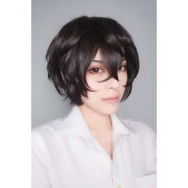 SUNXXCOS Curly High Temperature Fiber for Male Dark Brown Short Cosplay Wigs Synthetic (Dazai Osamu)