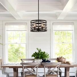 WILON Farmhouse Chandeliers for Dining Room, 3-Light Industrial Pendant Lighting for Kitchen Island Black Drum Ceiling Hanging Pendant Light Rustic Metal Pendant Light Fixture Foyer Entryway Kitchen