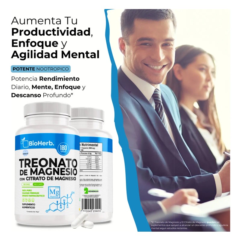 Treonato De Magnesio + Citrato De Magnesio 180 Capsulas Sin