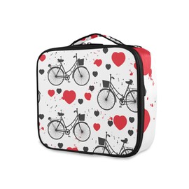 Black Bikes and Black Red Hearts Seamless Texture on White Large Women Makeup Bag, Train Toiletry Storage Case, Portable Coin Purse Holder Zipper Pouch Travel Cosmetic Organizer for Women and Girls