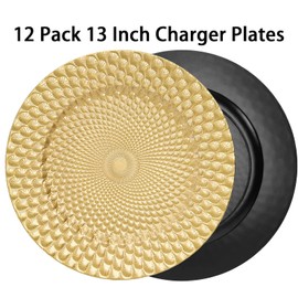 TOPZEA 12 Pack Gold Charger Plates, 13" Plastic Round Decorative Dinner Under Plate, Reusable Elegant Peacock Service Chargers for Wedding Christmas Thanksgiving, Party Table Place Setting