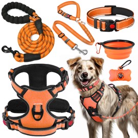 LOBEVE No Pull Dog Harness, Collar & Leash Set | includes Dog Seat Belt, Collapsible Bowls & Poop Bag Dispenser. Ideal for Training, Walking, Hiking. Fits Small to Large Dogs(Orange-L)