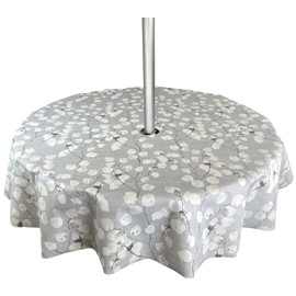 Karina Home Round Outdoor Garden Tablecloth with Parasol Umbrella Hole Grey Floral Leaf Wipe Clean Round 138cm