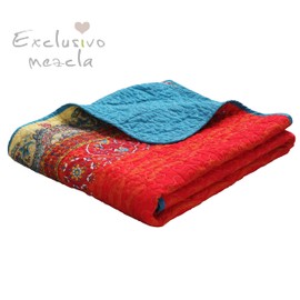 Exclusivo Mezcla Luxury Reversible Cotton Paisley Boho Striped Quilted Twin Size (60x80 Inch) Multicolored Bed Blanket, Machine Washable and Dryable, Red and Blue