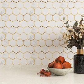 Diflart Peel and Stick Kitchen Backsplash Tiles Gold and White Hexagon PVC Wall Tile Faux Marble for Kitchen Bathroom Pack of 10 Sheets