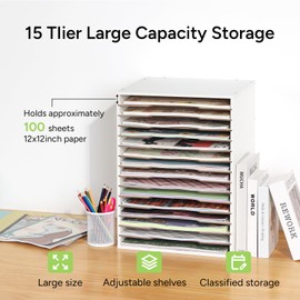 Caydo 15 Slot Paper Organizer Storage, Wood Adjustable Shelves Paper Storage Shelf with Extraction Slot for 12x12Inch Scrapbooks, Heat Transfer Papers, Files, Vinyl fo Office, Home (White)